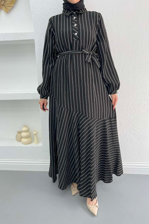 Button-down Striped Dress Black