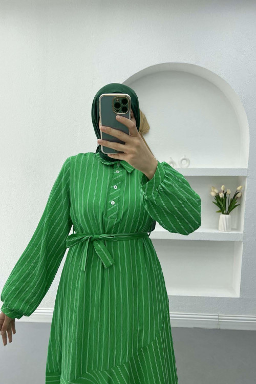 Striped Dress with Button Collar Green