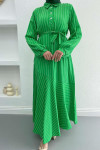 Striped Dress with Button Collar Green