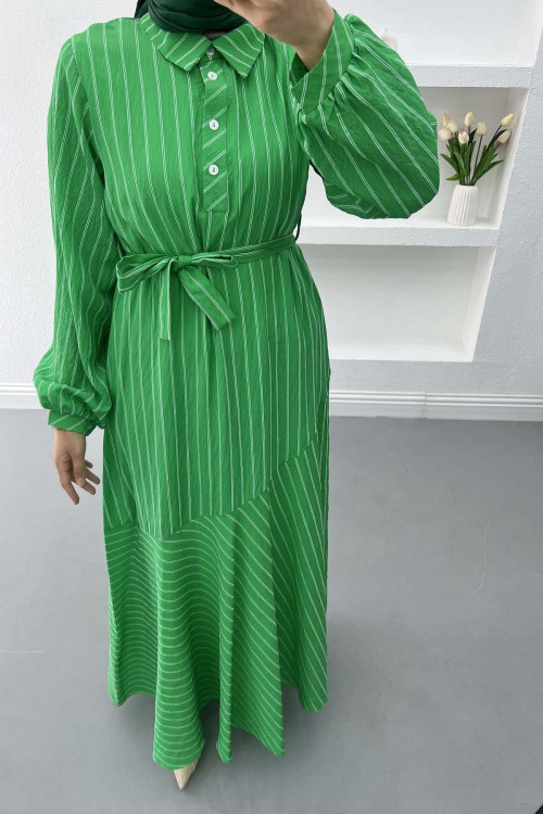 Striped Dress with Button Collar Green