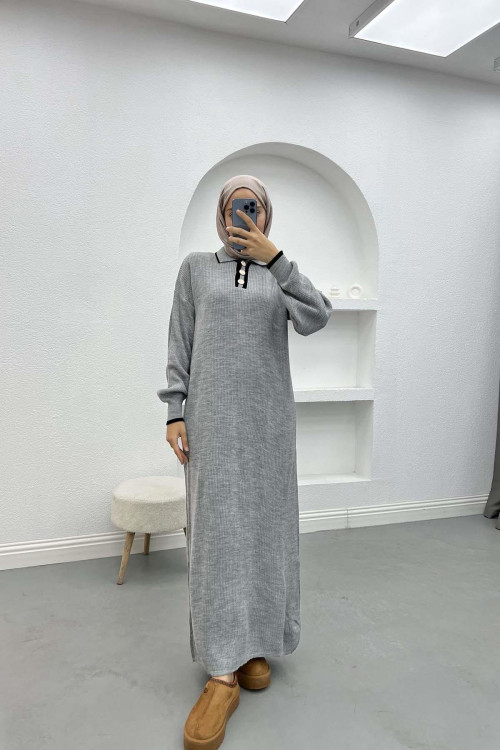 Button-down Collar Knit Dress Gray