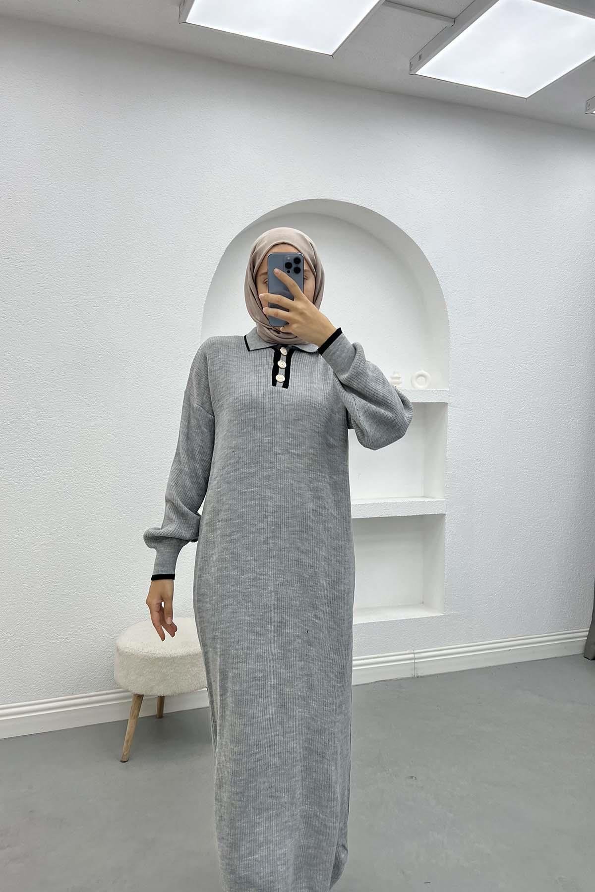 Button-down Collar Knit Dress Gray