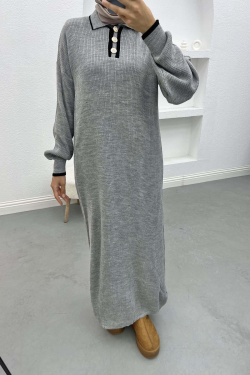 Button-down Collar Knit Dress Gray