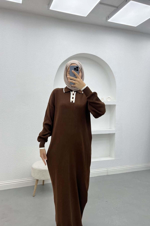 Button-down Collar Knit Dress Brown