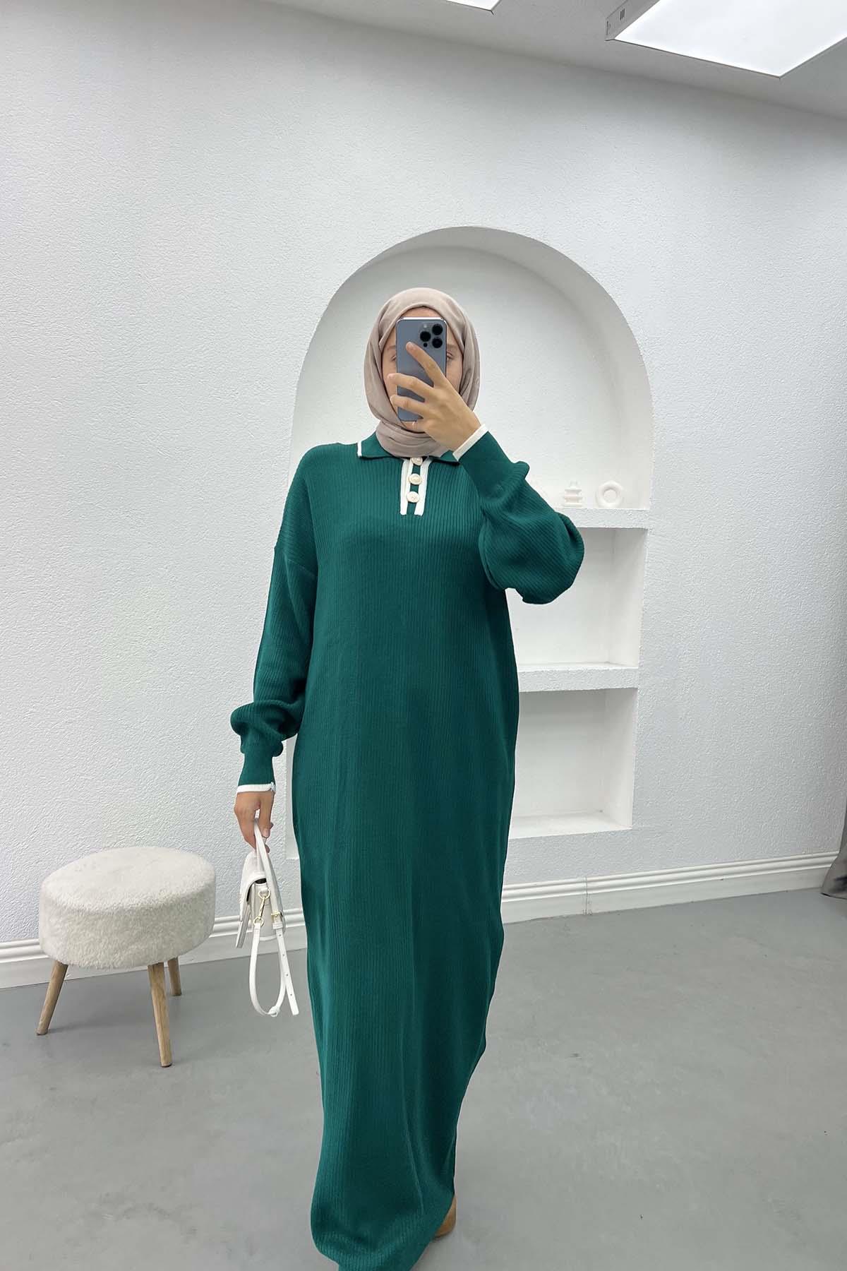 Button-down Collar Knit Dress Emerald Green