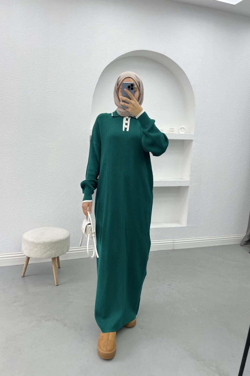 Button-down Collar Knit Dress Emerald Green