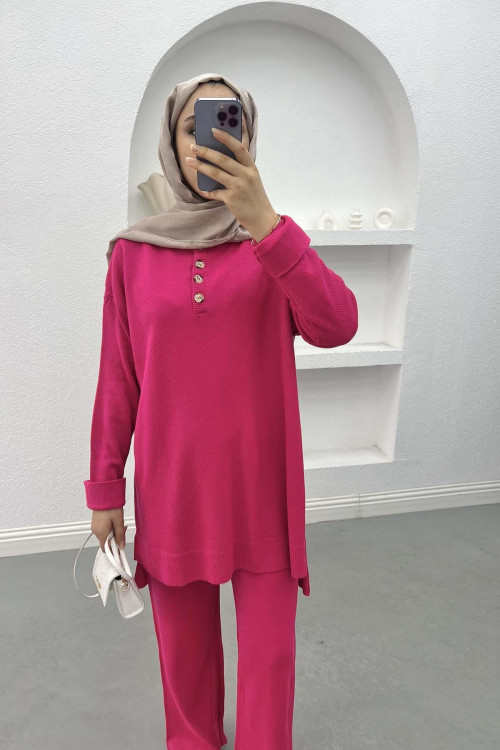 Button-down Collar Knitwear Suit Fuchsia