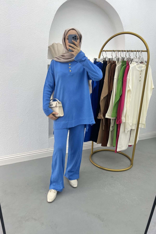 Button-down Collar Knitwear Suit Blue