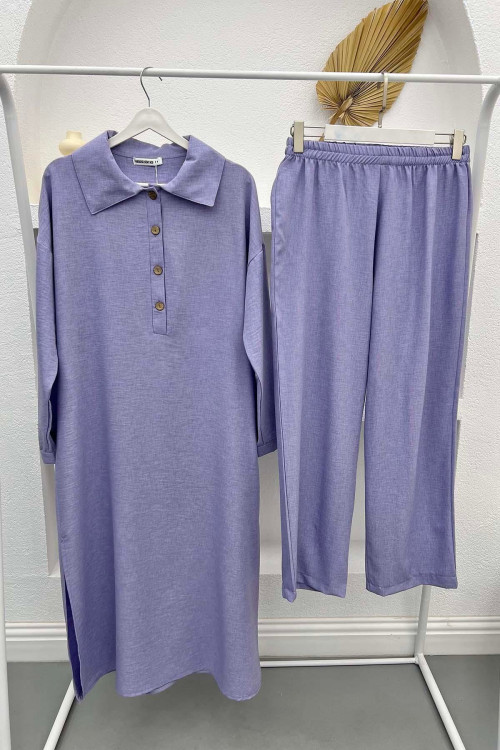 Button-down Collar Slit Tunic Set Lilac