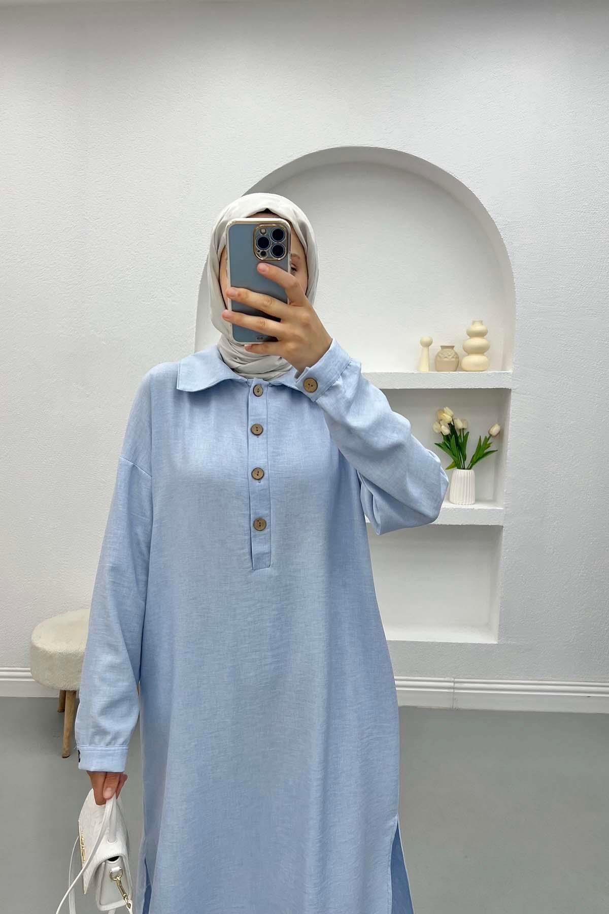 Button-down Collar Slit Tunic Suit Blue