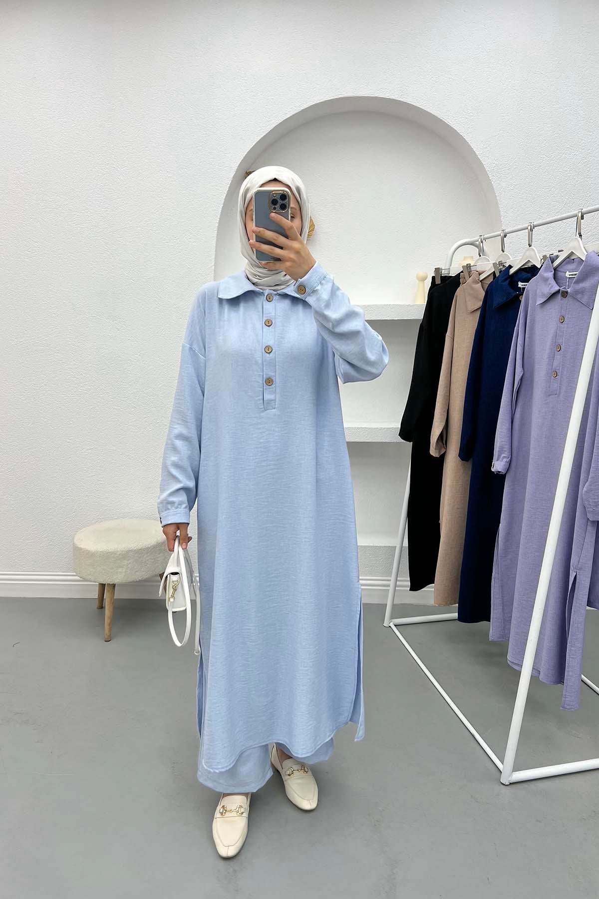 Button-down Collar Slit Tunic Suit Blue