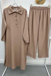 Button-down Collar Slit Tunic Set Milky Coffee