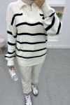 Striped Sweater with Zipper Collar Ecru