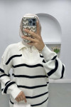 Striped Sweater with Zipper Collar Ecru