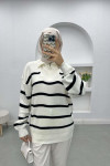 Striped Sweater with Zipper Collar Ecru