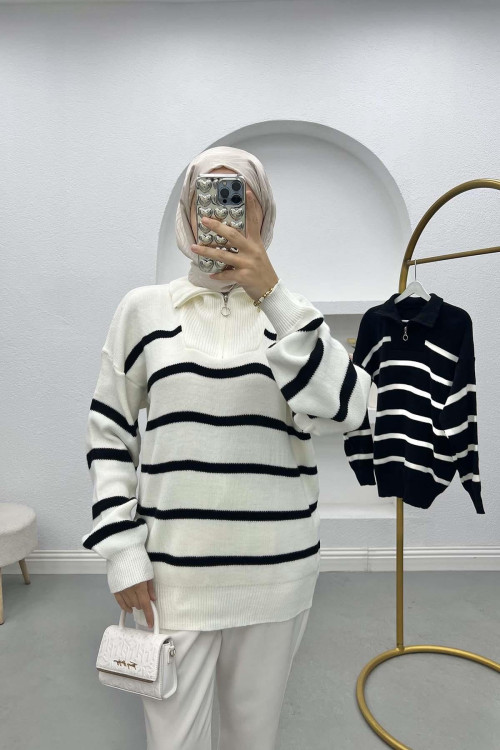 Striped Sweater with Zipper Collar Ecru