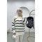 Striped Sweater with Zipper Collar Ecru