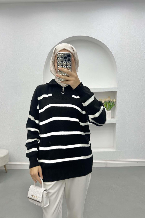 Striped Zipper Collar Sweater Black