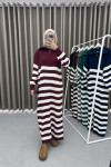 Collar Zippered Striped Dress Burgundy