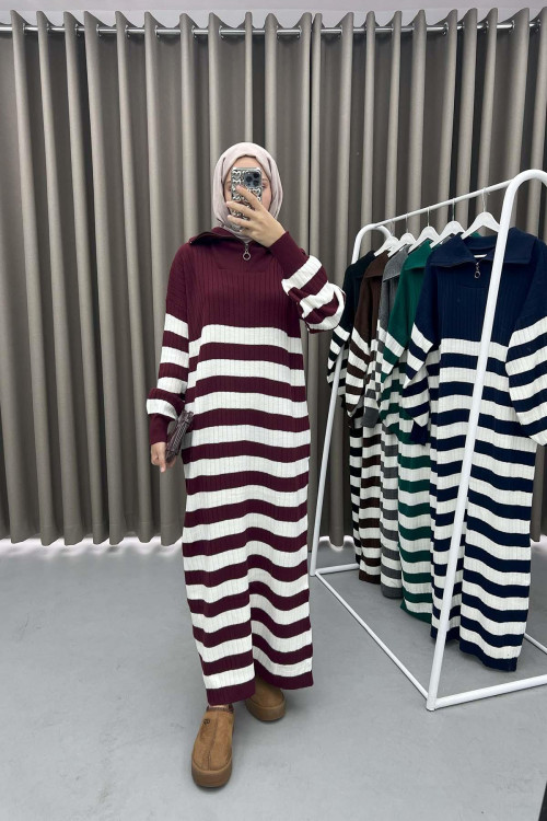 Collar Zippered Striped Dress Burgundy