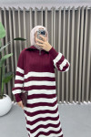 Collar Zippered Striped Dress Burgundy