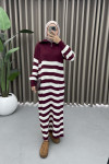 Collar Zippered Striped Dress Burgundy