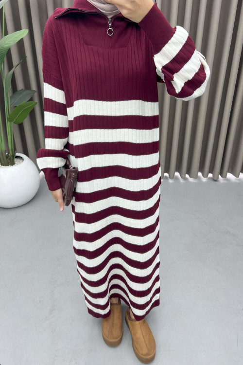 Collar Zippered Striped Dress Burgundy