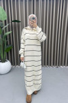 Striped Dress with Zipper Collar in Ecru