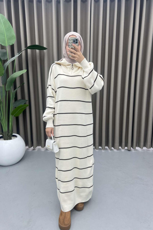 Striped Dress with Zipper Collar in Ecru