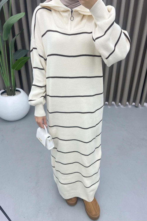 Striped Dress with Zipper Collar in Ecru