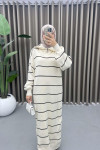 Striped Dress with Zipper Collar in Ecru