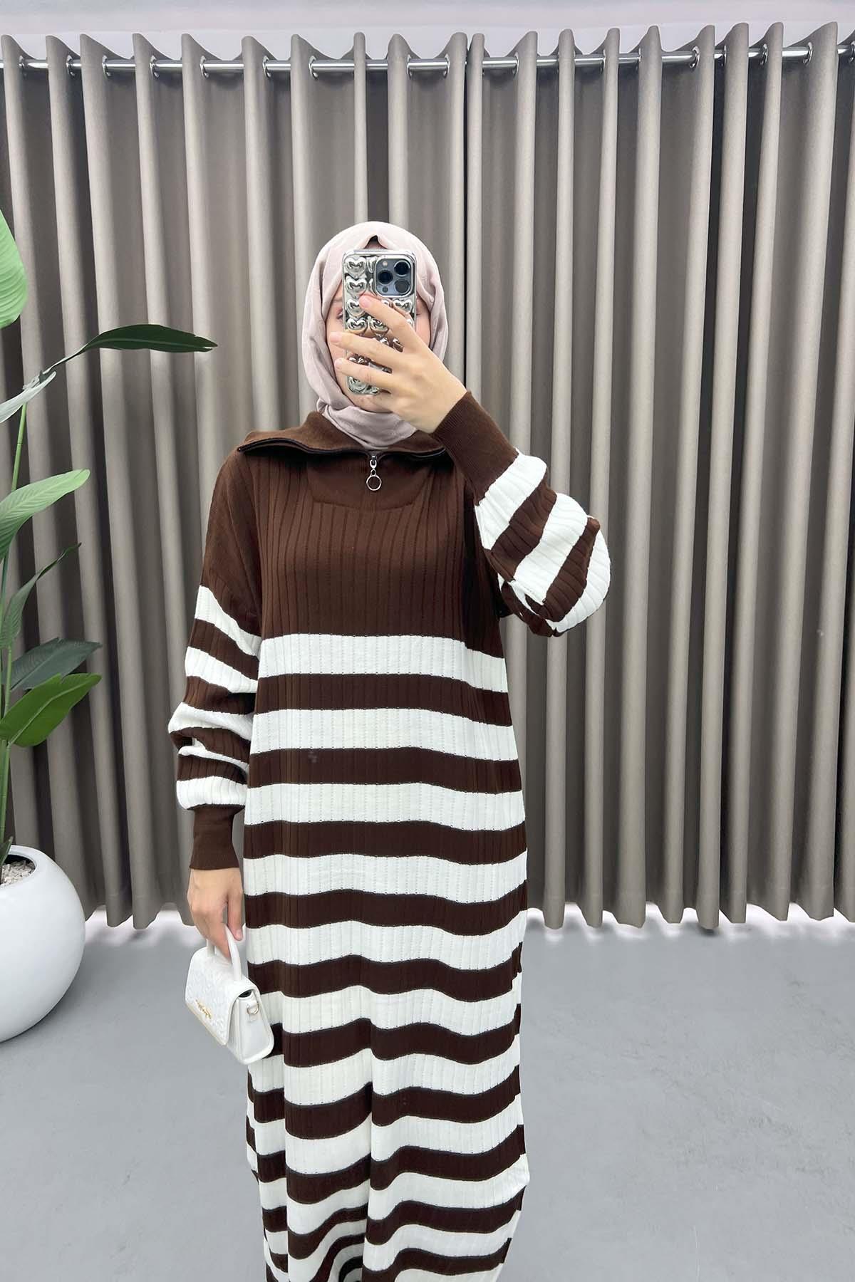 Collar Zippered Striped Dress Brown-1