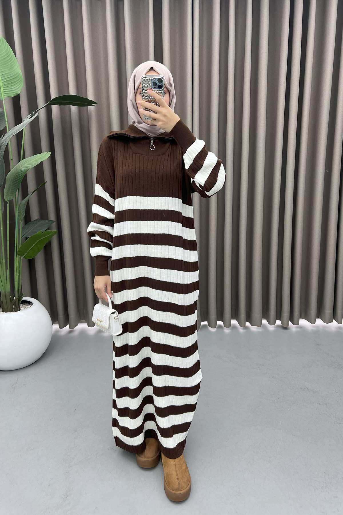 Collar Zippered Striped Dress Brown-1