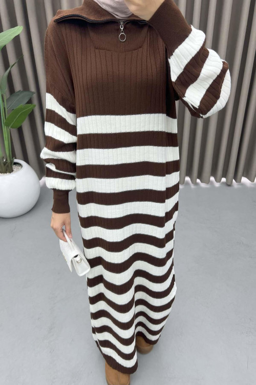 Collar Zippered Striped Dress Brown-1