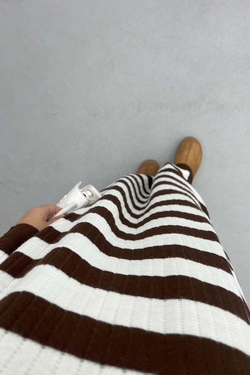 Collar Zippered Striped Dress Brown-1