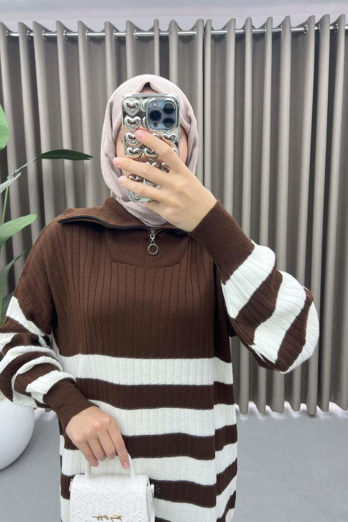 Collar Zippered Striped Dress Brown-1