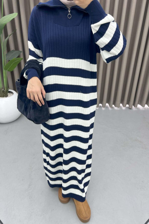 Collar Zippered Striped Dress Navy Blue