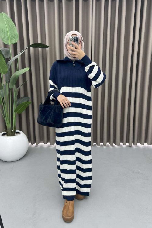 Collar Zippered Striped Dress Navy Blue