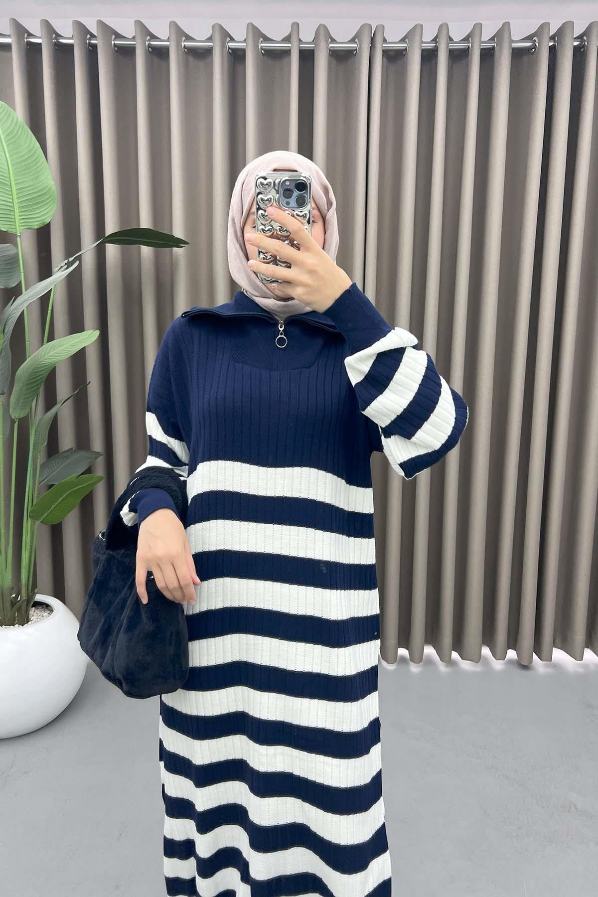 Collar Zippered Striped Dress Navy Blue