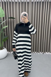 Collar Zippered Striped Dress Black