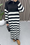 Collar Zippered Striped Dress Black