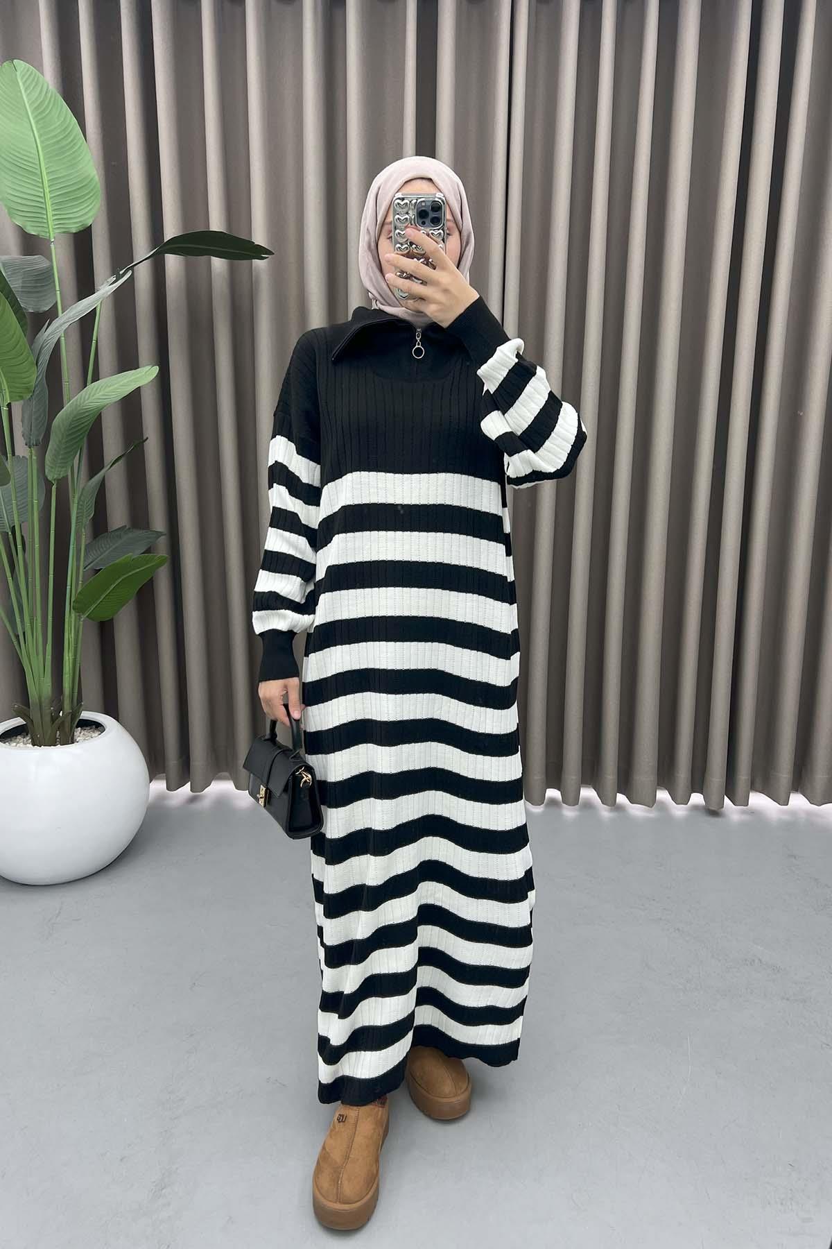 Collar Zippered Striped Dress Black