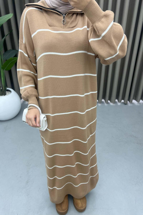 Collar Zippered Striped Dress Milky Coffee