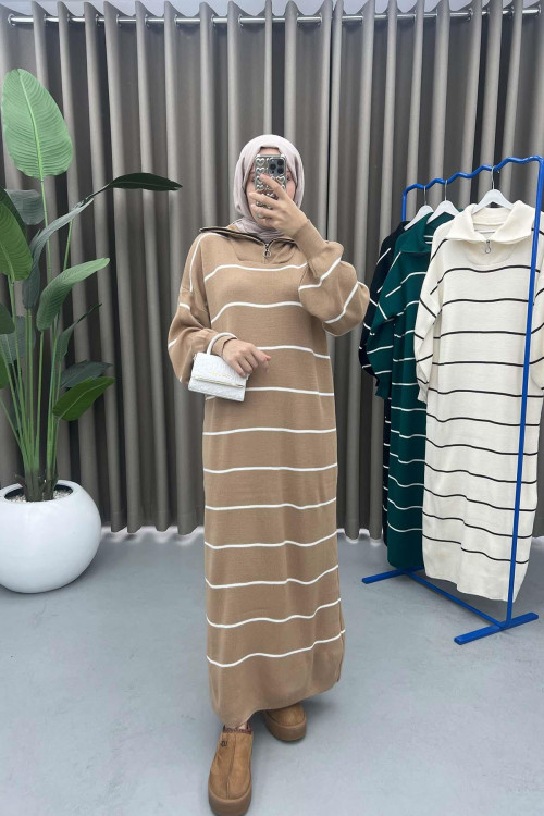 Collar Zippered Striped Dress Milky Coffee