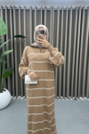 Collar Zippered Striped Dress Milky Coffee