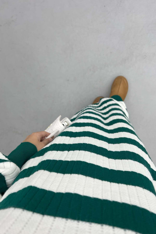 Collar Zippered Striped Dress Emerald Green