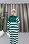 Collar Zippered Striped Dress Emerald Green