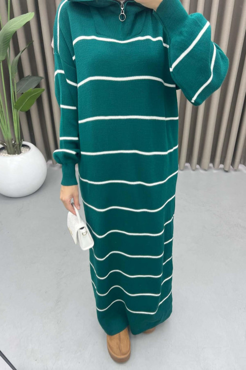 Collar Zippered Striped Dress Emerald Green