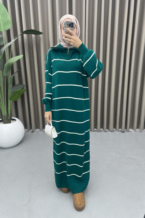 Collar Zippered Striped Dress Emerald Green