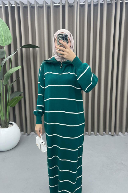 Collar Zippered Striped Dress Emerald Green